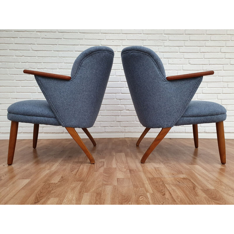 Pair of vintage danish armchairs in blue wool and beechwood 1960s