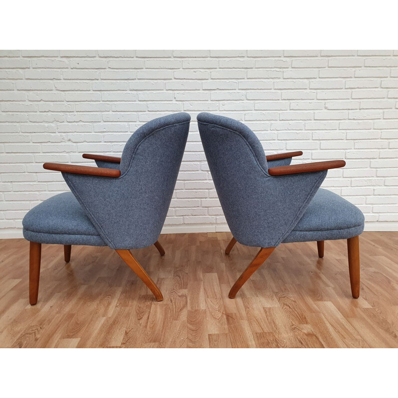 Pair of vintage danish armchairs in blue wool and beechwood 1960s