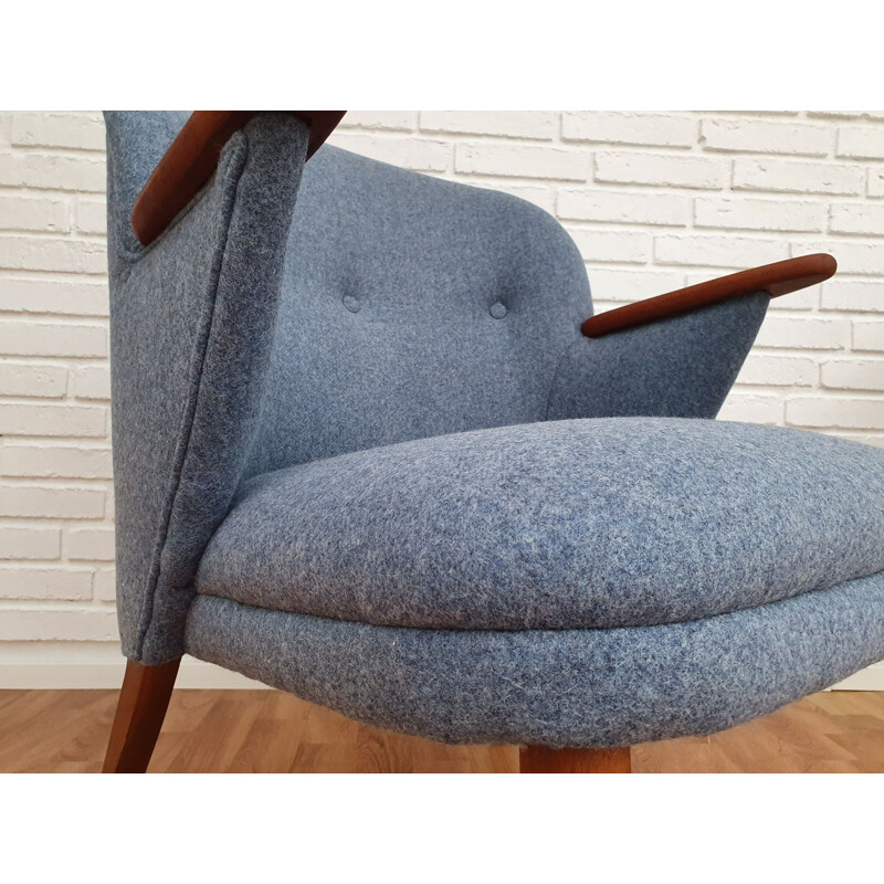 Paire de fauteuils vintage danois en laine bleue et hêtre 1960