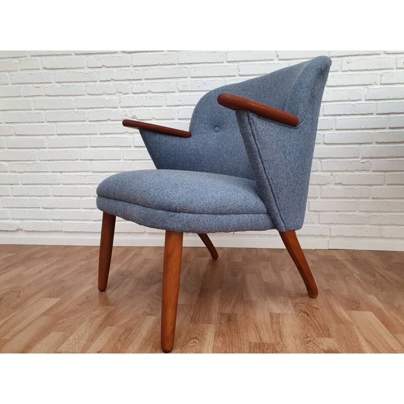 Paire de fauteuils vintage danois en laine bleue et hêtre 1960