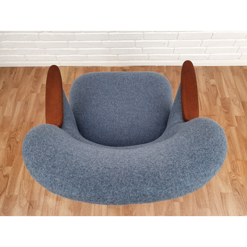 Pair of vintage danish armchairs in blue wool and beechwood 1960s