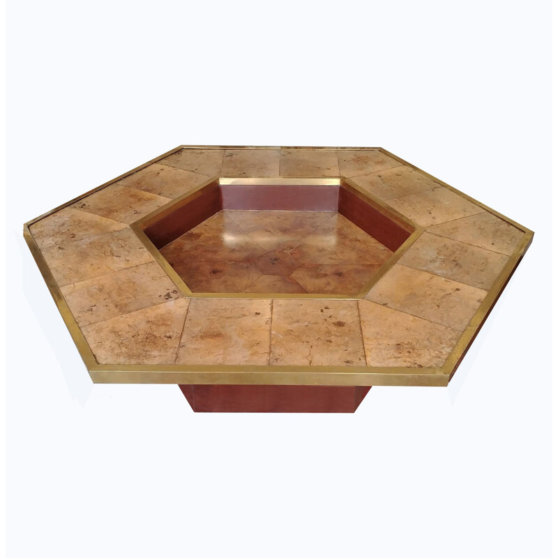 Hexagonal vintage coffee table in brass burlwood and leather 1970