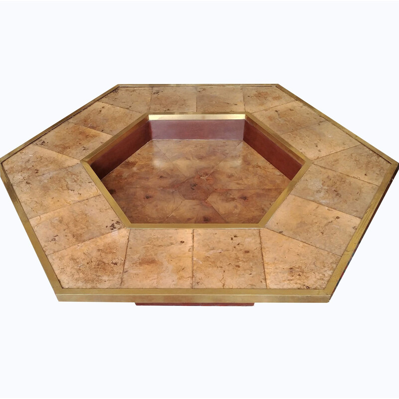 Hexagonal vintage coffee table in brass burlwood and leather 1970