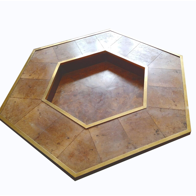 Hexagonal vintage coffee table in brass burlwood and leather 1970