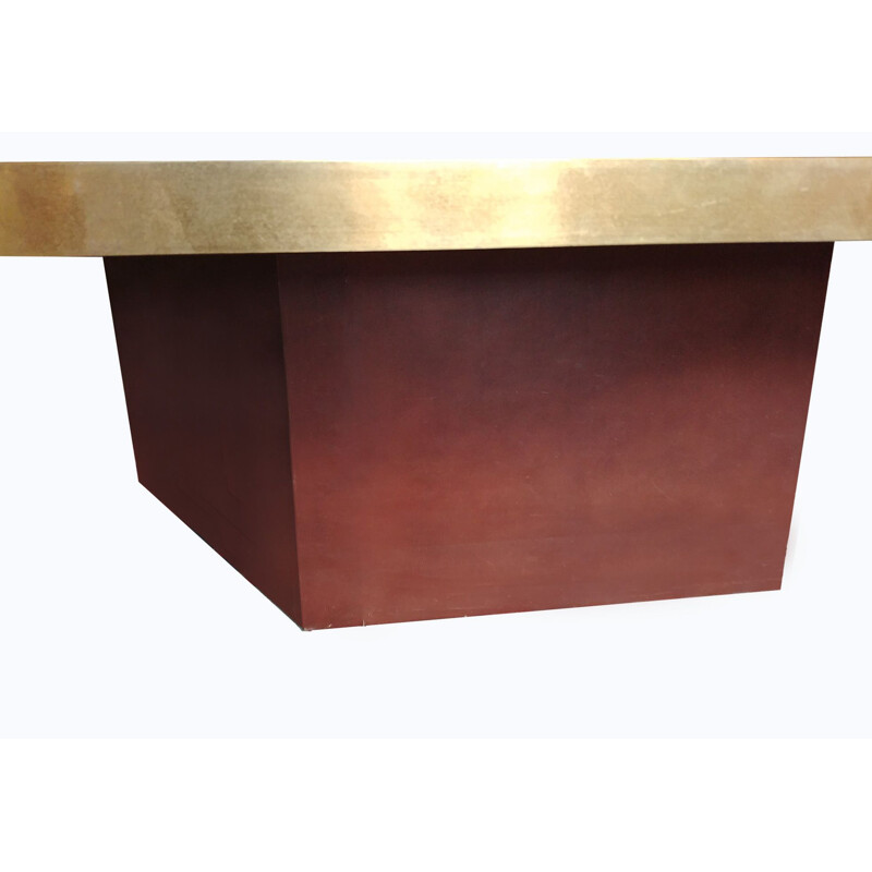 Hexagonal vintage coffee table in brass burlwood and leather 1970