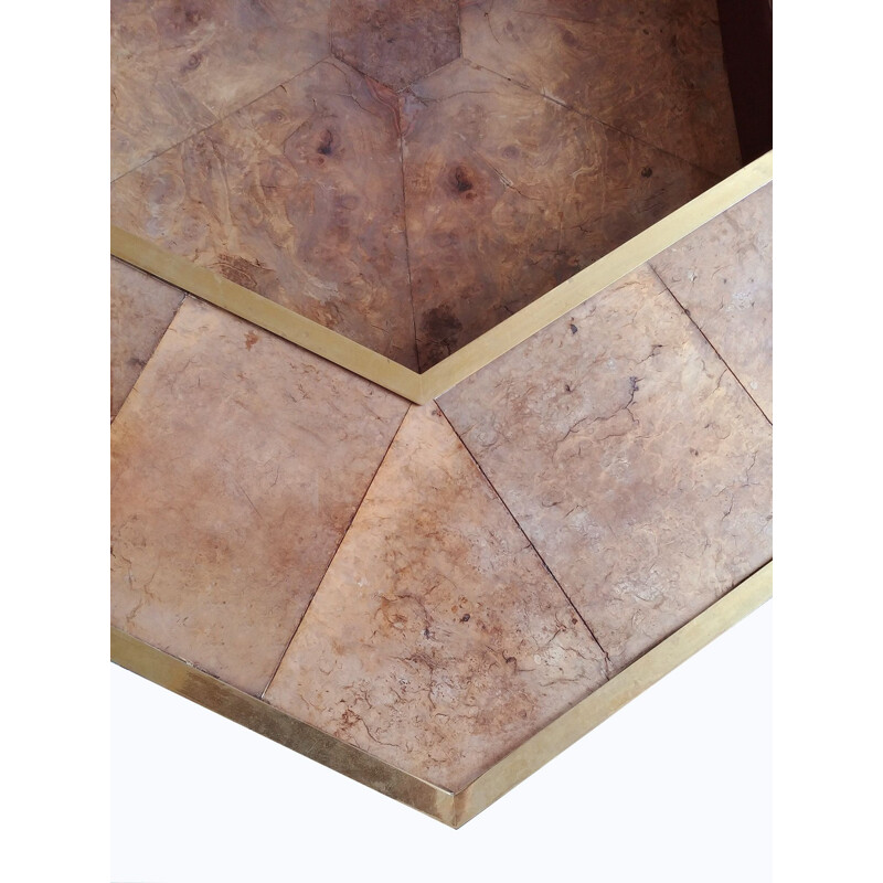 Hexagonal vintage coffee table in brass burlwood and leather 1970