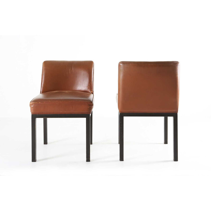 Pair of vintage chairs in black metal and brown leather by Jules Wabbes for Le Mobilier Universel, Belgium 1965