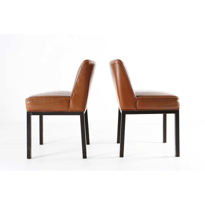 Pair of vintage chairs in black metal and brown leather by Jules Wabbes for Le Mobilier Universel, Belgium 1965