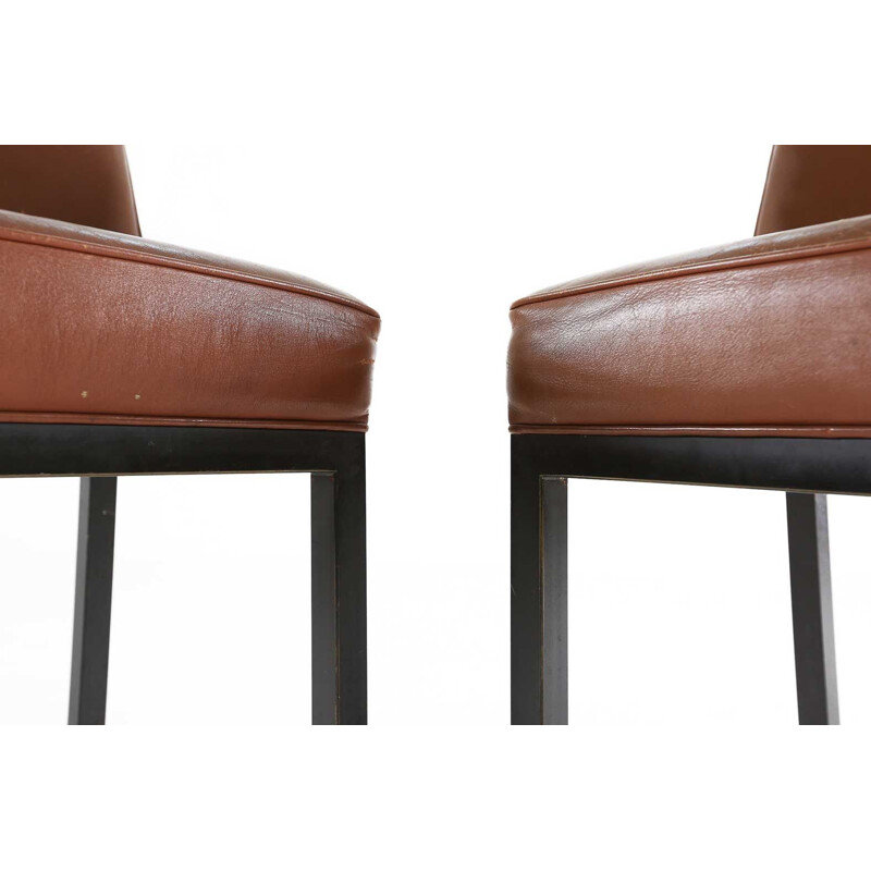 Pair of vintage chairs in black metal and brown leather by Jules Wabbes for Le Mobilier Universel, Belgium 1965
