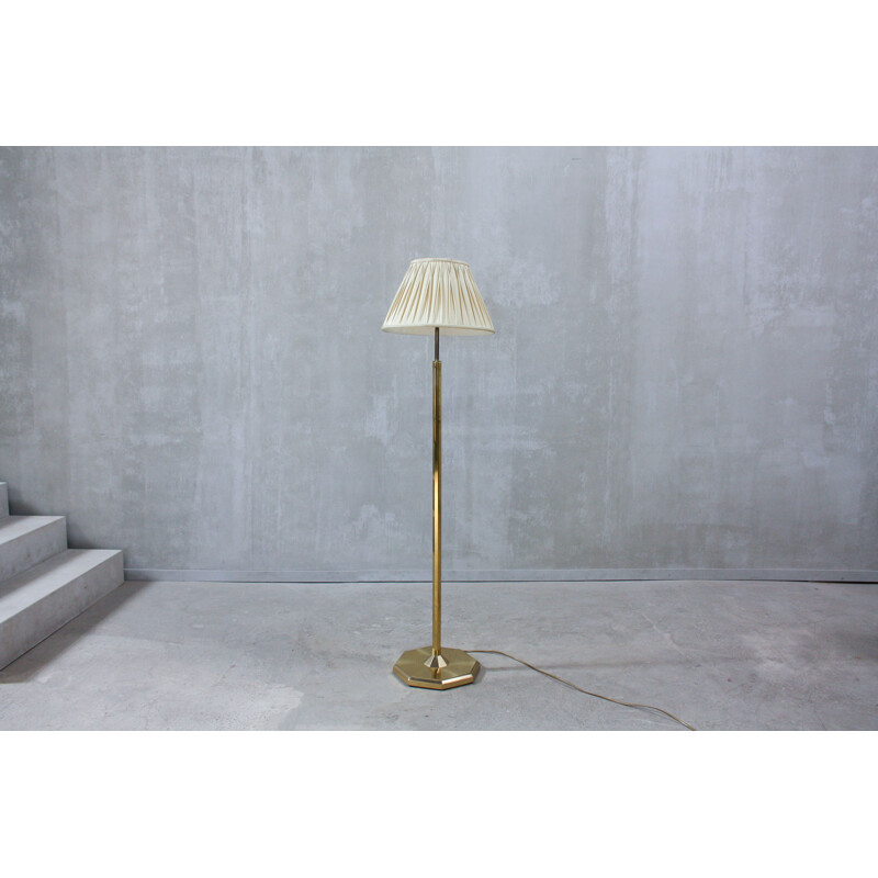 Lampadaire vintage en laiton massif et tissu beige 1970