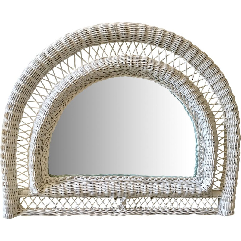 Vintage mirror in white rattan half-moon France 1970s