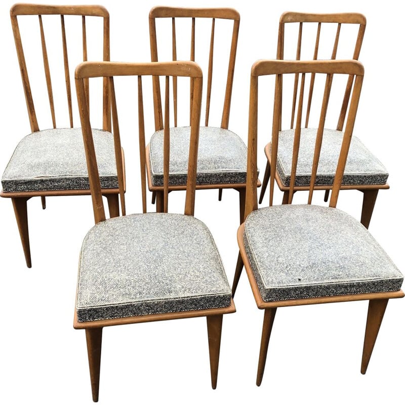 Suite de 5 chaises vintage en vinyl et bois 1950