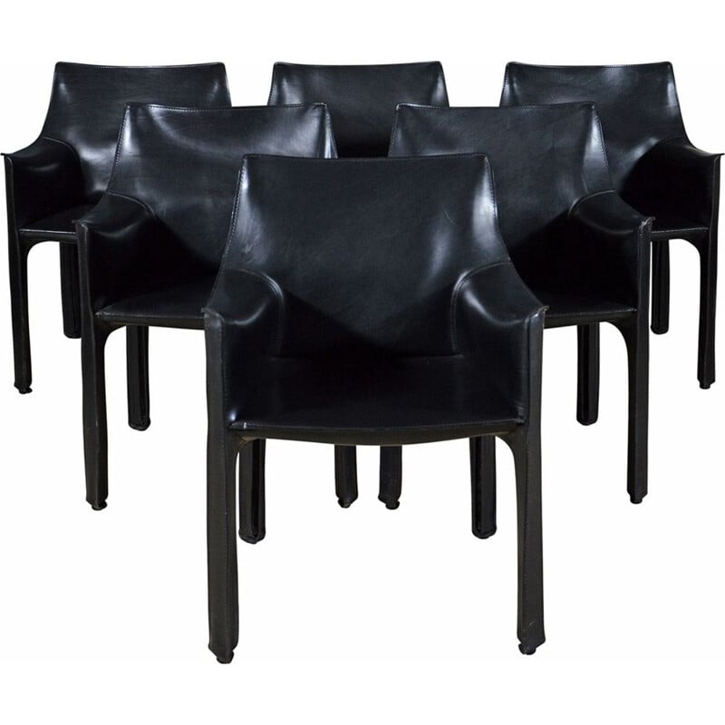 Set of 6 vintage Cab 413 chairs by Bellini for Cassina in black leather 1970s