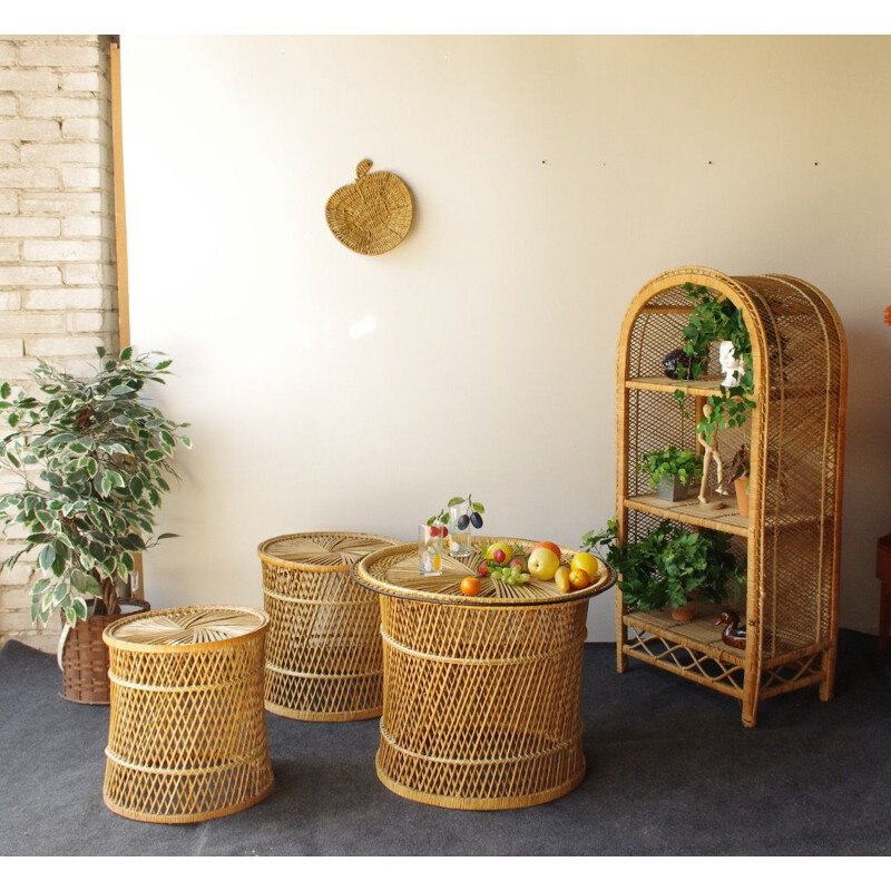 Vintage set of wicker peacock stools and table 1960