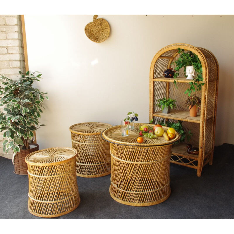 Vintage set of wicker peacock stools and table 1960