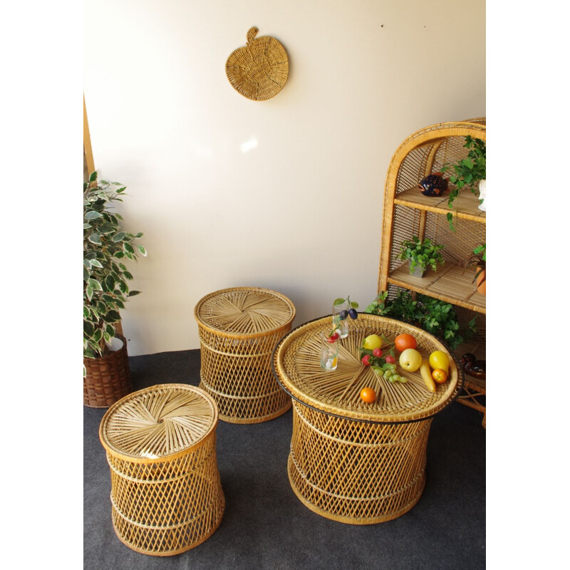 Vintage set of wicker peacock stools and table 1960