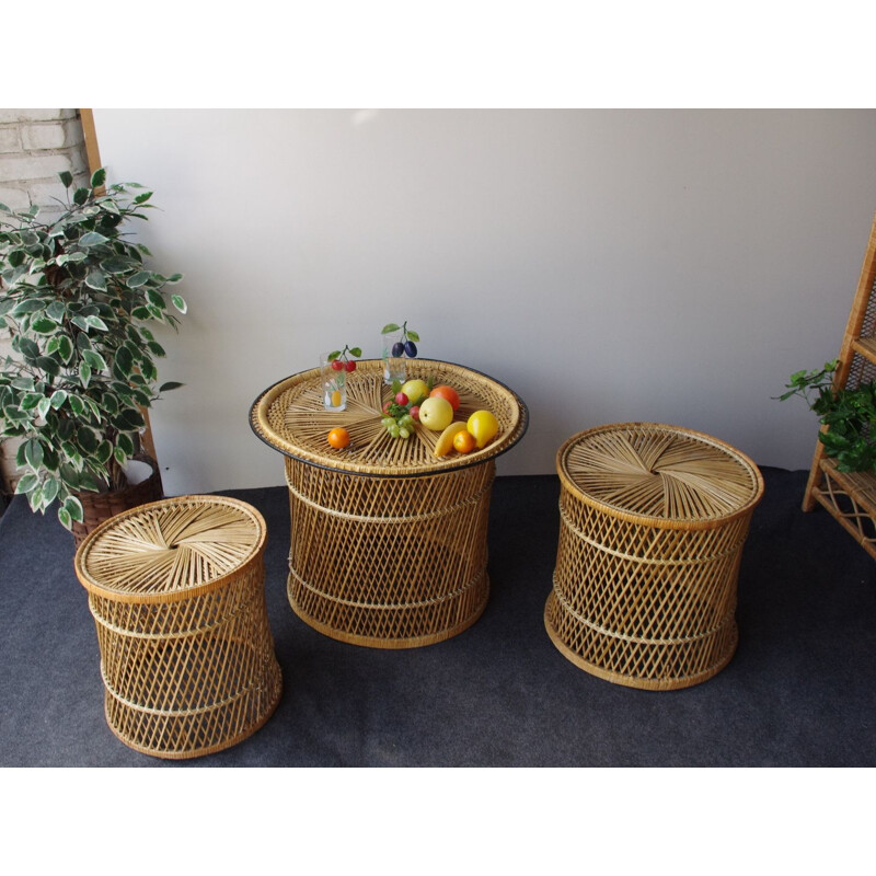 Vintage set of wicker peacock stools and table 1960