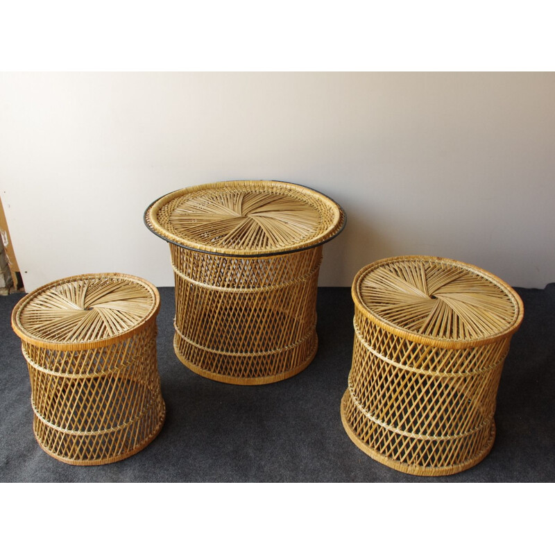 Vintage set of wicker peacock stools and table 1960