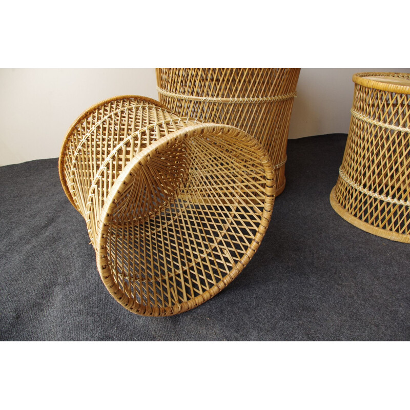 Vintage set of wicker peacock stools and table 1960