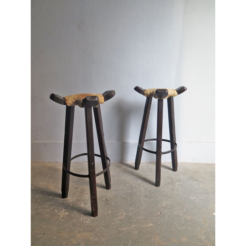 Set of 2 vintage high stools in cow leather and wood 1930s
