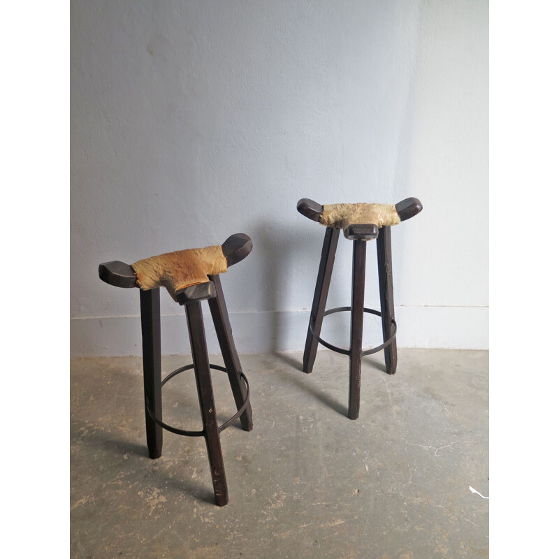 Set of 2 vintage high stools in cow leather and wood 1930s