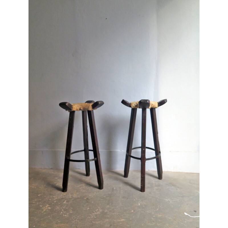 Set of 2 vintage high stools in cow leather and wood 1930s