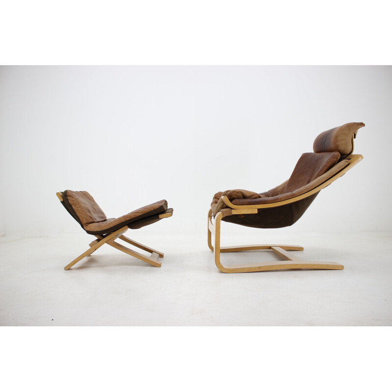 Kroken Leather Lounge Chair and foot stool by Ake Fribytter for Nelo 1970s