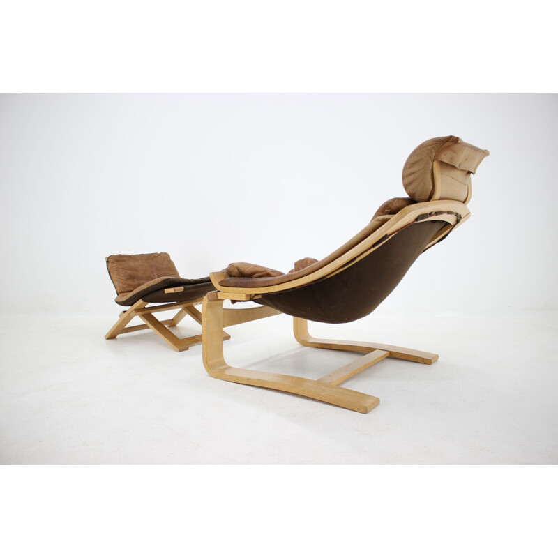 Kroken Leather Lounge Chair and foot stool by Ake Fribytter for Nelo 1970s