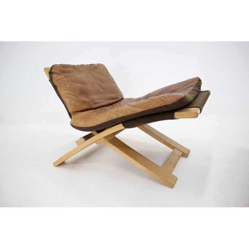 Kroken Leather Lounge Chair and foot stool by Ake Fribytter for Nelo 1970s
