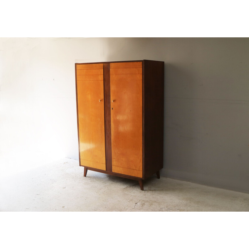 Vintage maple veneer and teak large wardrobe 1960 