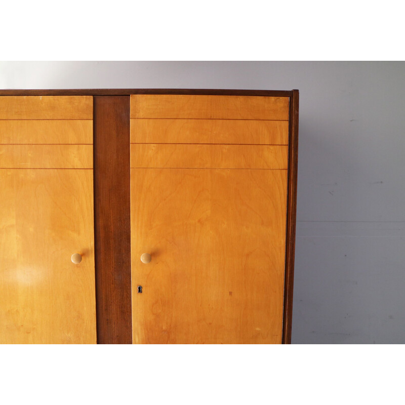Vintage maple veneer and teak large wardrobe 1960 