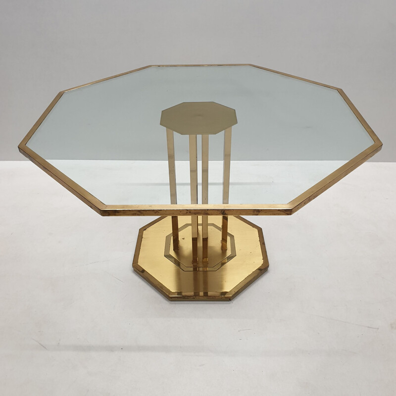 Table basse vintage octogonale en Laiton et verre 1970