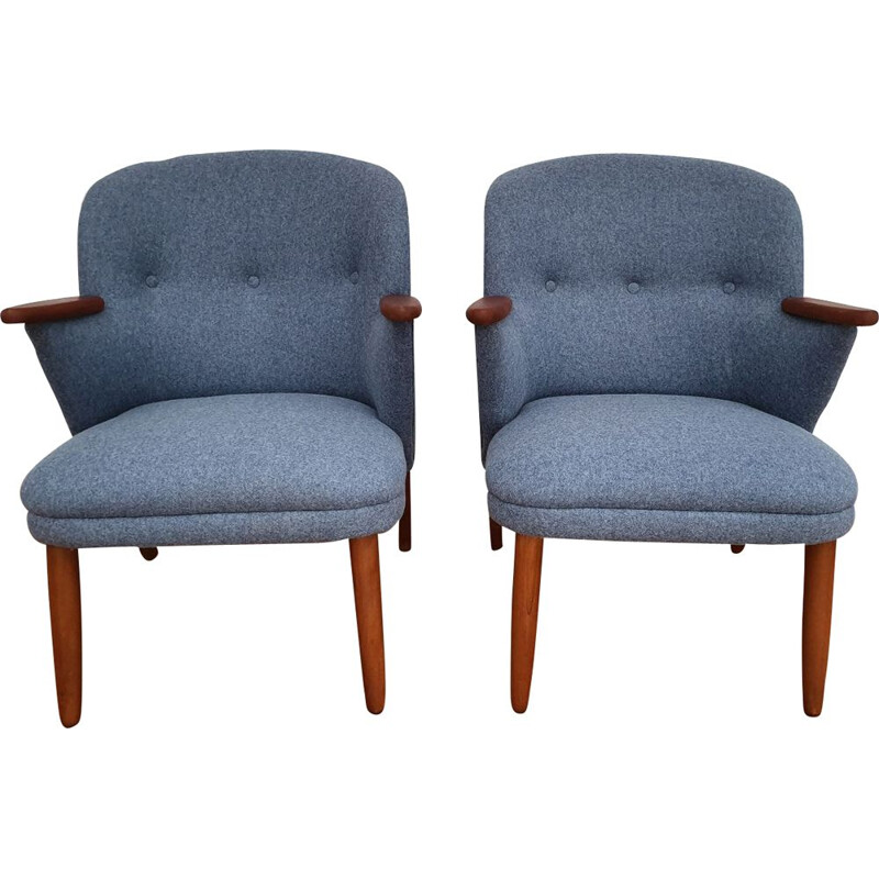 Pair of vintage danish armchairs in blue wool and beechwood 1960s