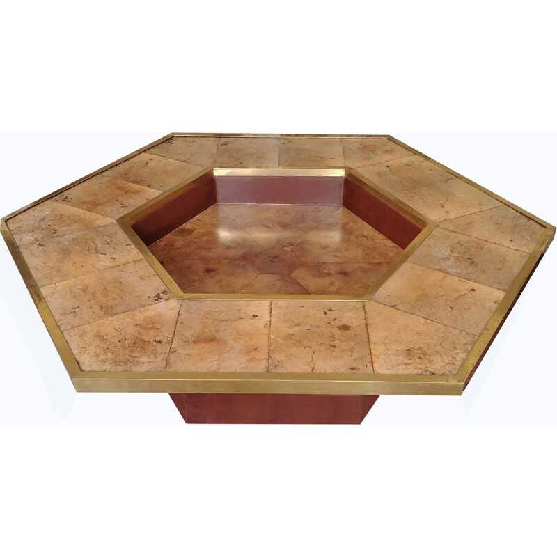 Hexagonal vintage coffee table in brass burlwood and leather 1970