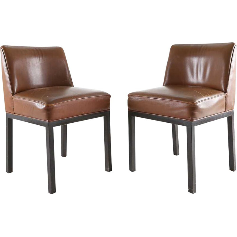 Pair of vintage chairs in black metal and brown leather by Jules Wabbes for Le Mobilier Universel, Belgium 1965