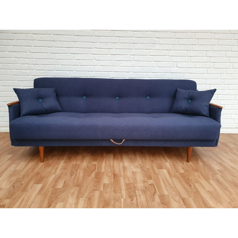 Vintage 3-seater sofa in teak and blue fabric