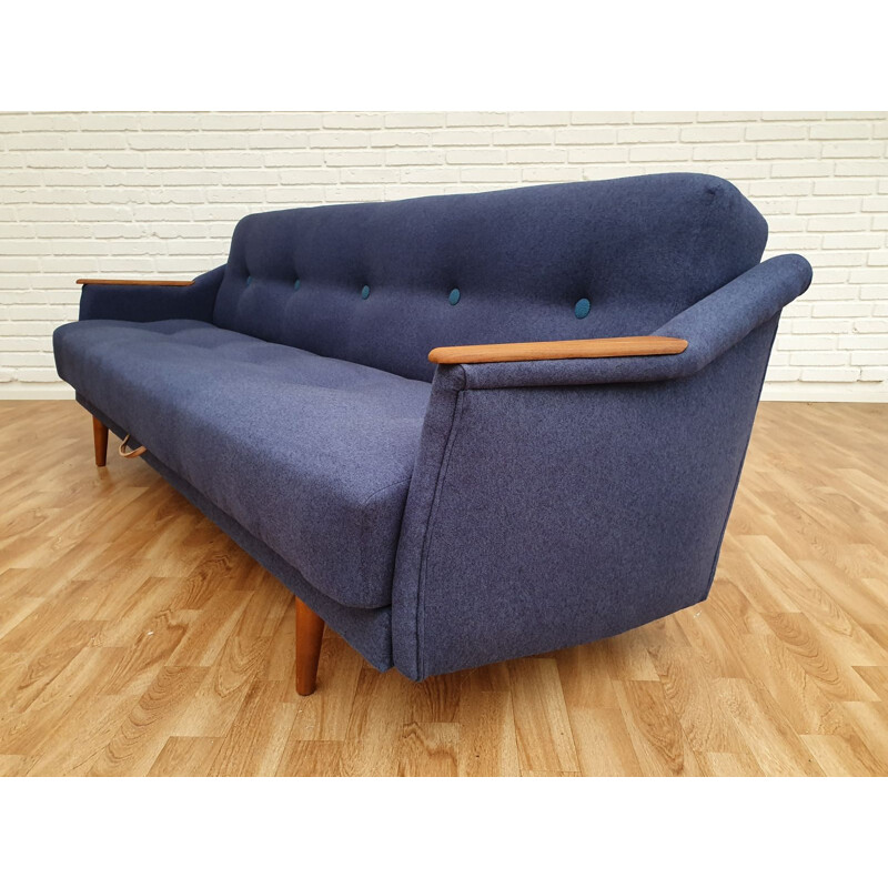 Vintage 3-seater sofa in teak and blue fabric