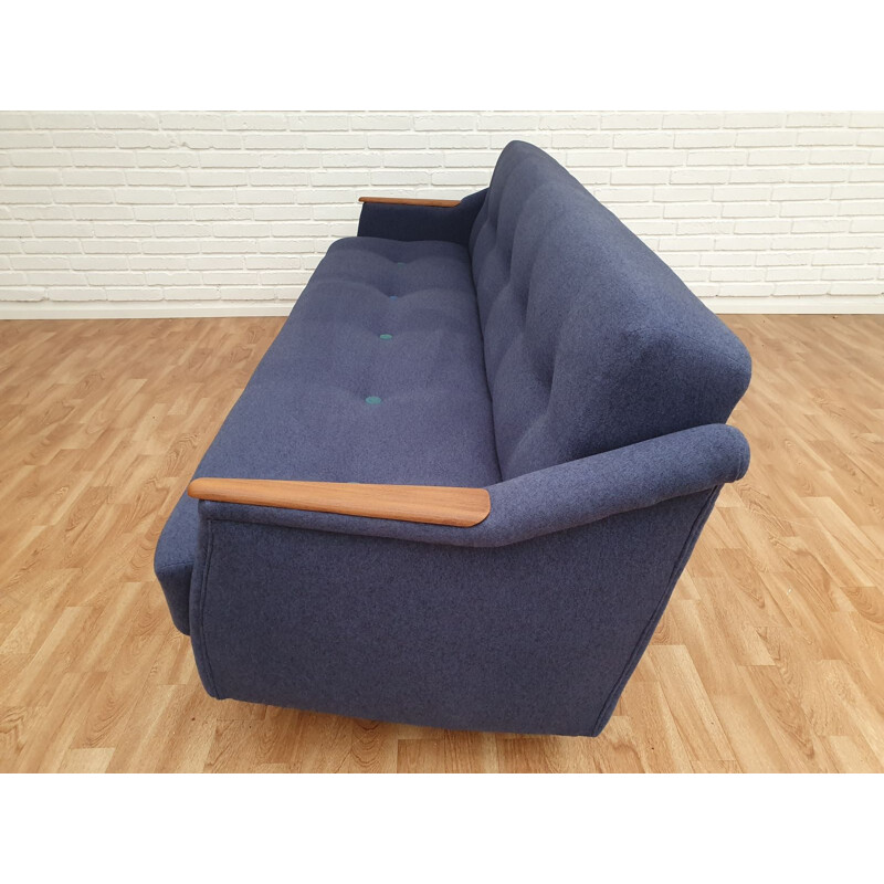 Vintage 3-seater sofa in teak and blue fabric