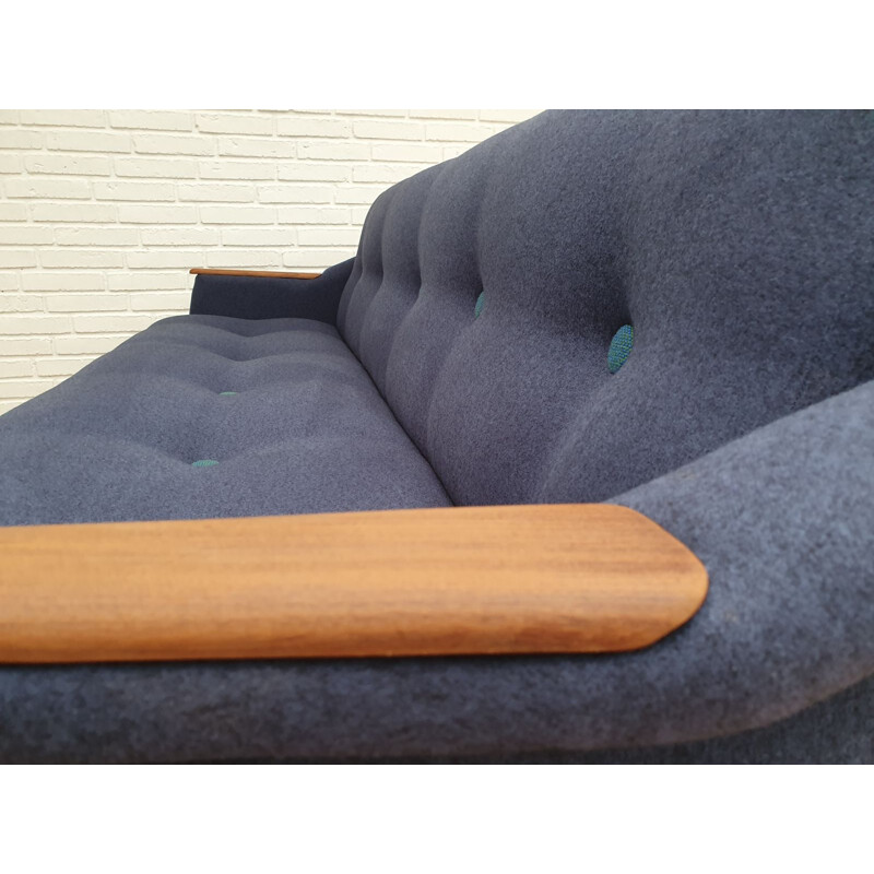 Vintage 3-seater sofa in teak and blue fabric