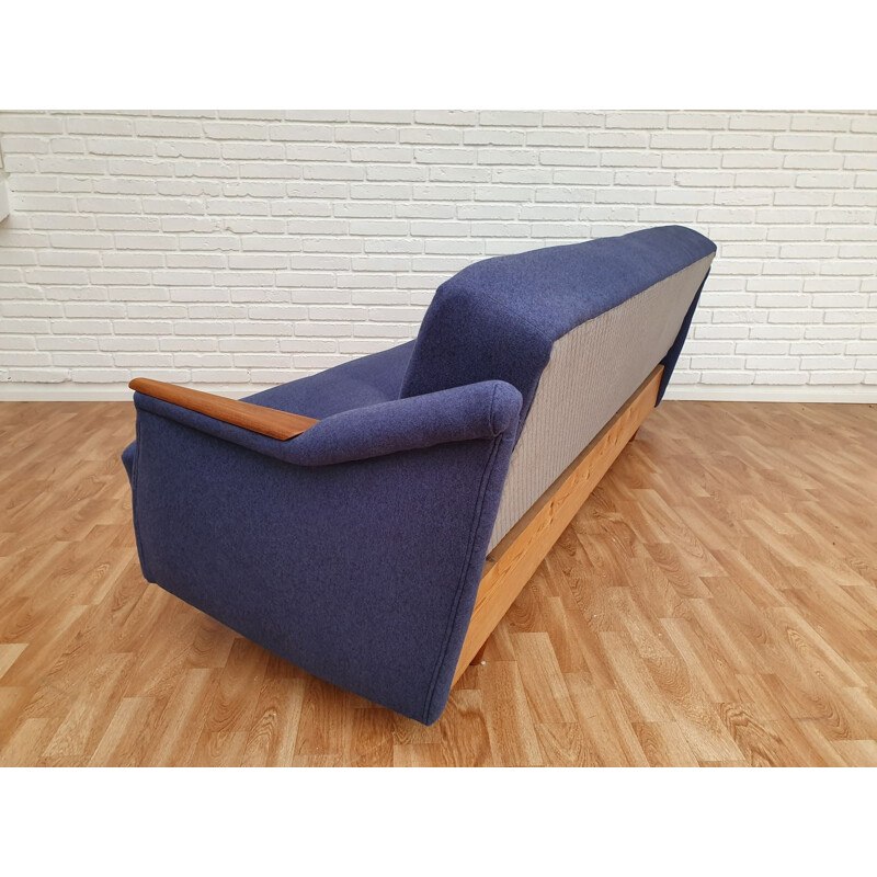 Vintage 3-seater sofa in teak and blue fabric
