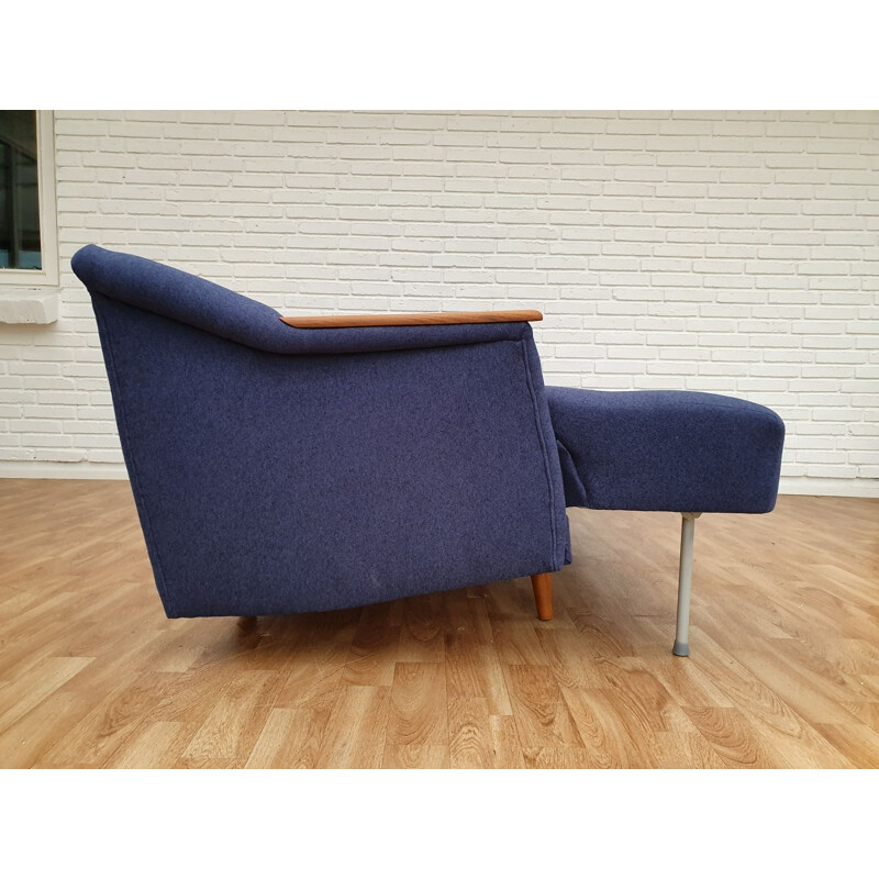 Vintage 3-seater sofa in teak and blue fabric