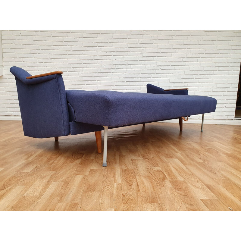 Vintage 3-seater sofa in teak and blue fabric