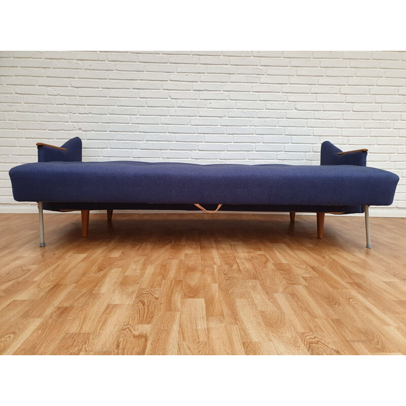 Vintage 3-seater sofa in teak and blue fabric