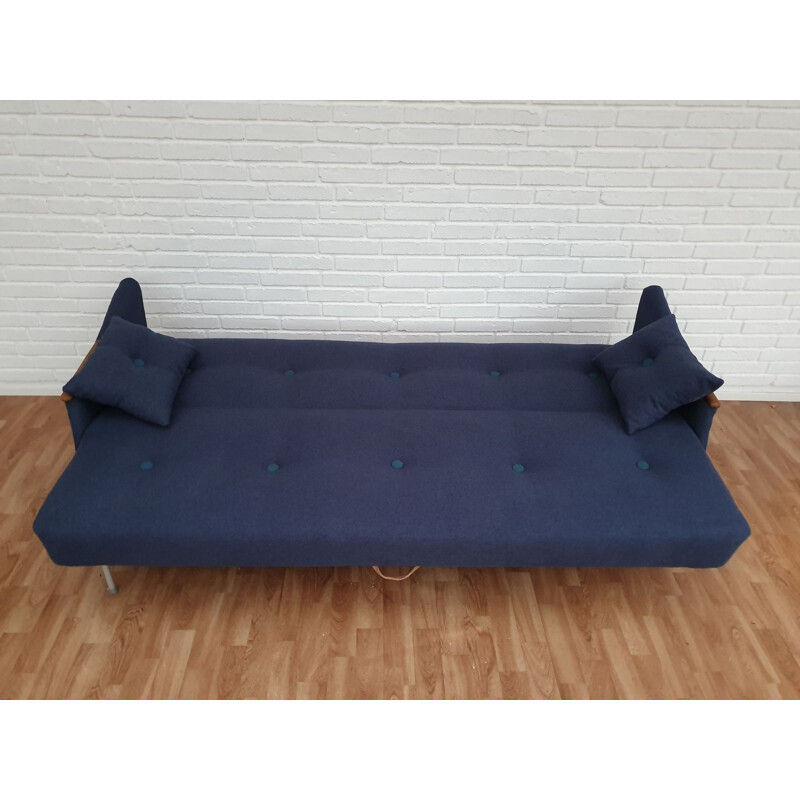 Vintage 3-seater sofa in teak and blue fabric