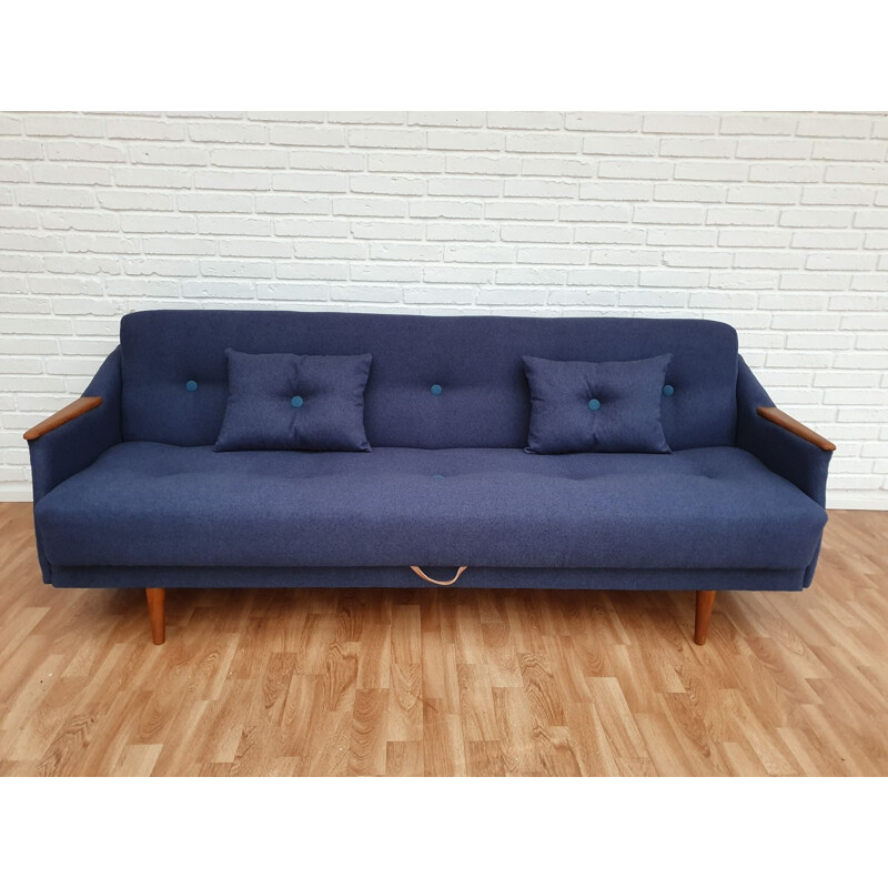 Vintage 3-seater sofa in teak and blue fabric