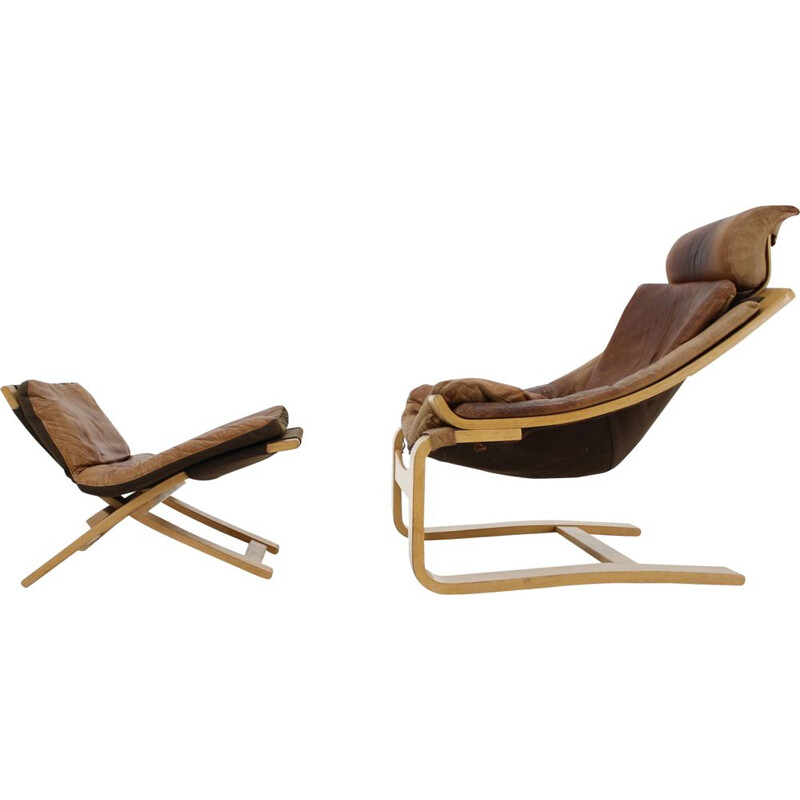 Kroken Leather Lounge Chair and foot stool by Ake Fribytter for Nelo 1970s