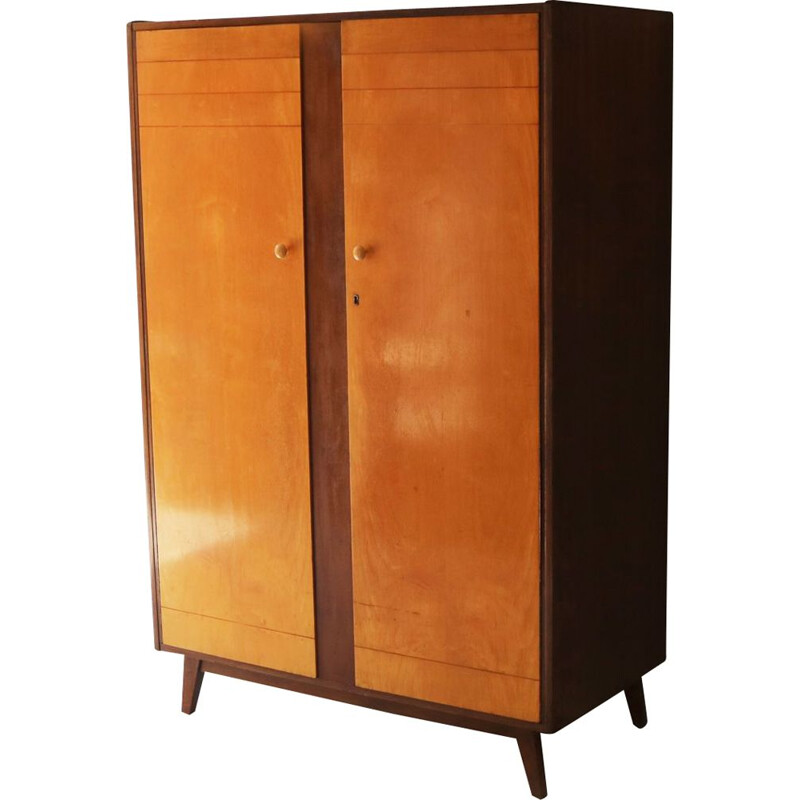 Vintage maple veneer and teak large wardrobe 1960 