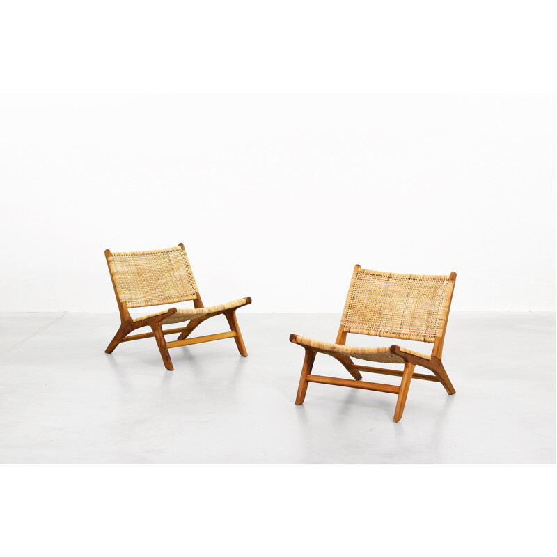 Pair of vintage Danish lounge chairs in cane and rattan