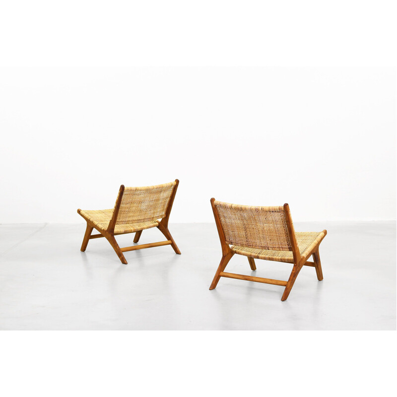 Pair of vintage Danish lounge chairs in cane and rattan