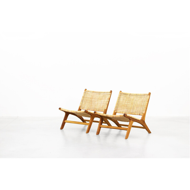 Pair of vintage Danish lounge chairs in cane and rattan